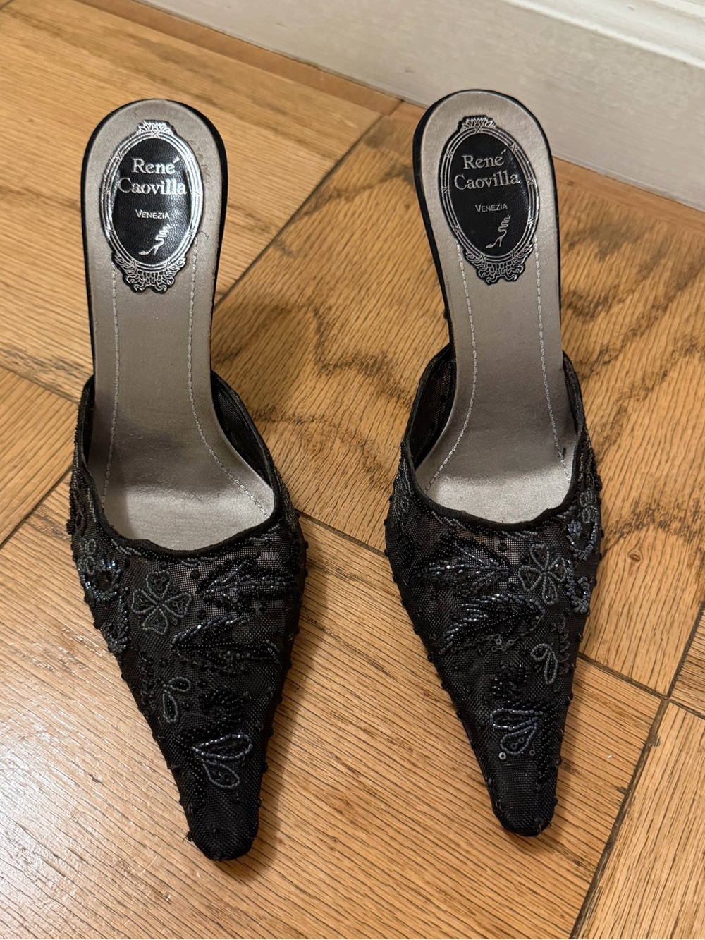Rene Caovilla Black Beaded Pointed-Toe Mules